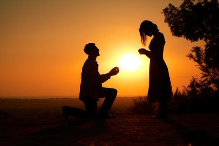 A Man proposes a woman to marry Silhouette at Sunset illustration generative aiの素材