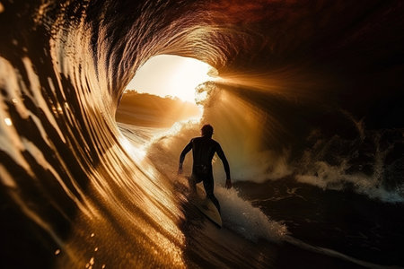 A silhouette of surfer catching the wave with sun on the back illustration generative aiの素材