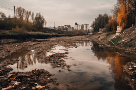 A polluted river with garbage and industrial waste illustration generative aiの素材