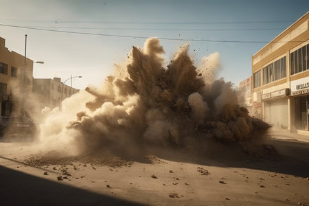 A Burst of dust and debris exploding from a demolished building illustration generative aiの素材