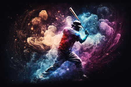 A baseball player striking ball galaxy nebula explosion illustration generative aiの素材