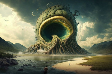 An enormous, pulsating organism spreading across the landscape, seemingly alive and conscious illustration generative aiの素材