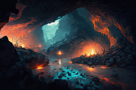 a massive underground cave with lava river landscape illustration generative aiの素材
