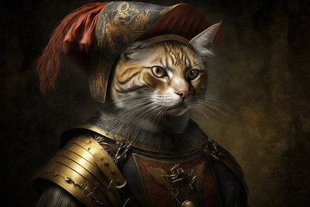 cat as Adventurer conquistador conqueror spanish very famous historical character portrait illustration generative aiの素材