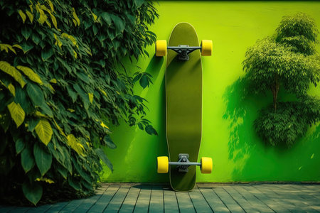 a skateboard longboard standing on green wall illustration generative aiの素材
