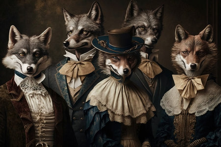 Wolf wolves animals wearing victorian era clothing illustration generative aiの素材