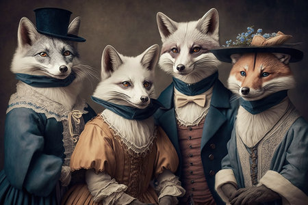 arctic foxes animals wearing victorian era clothing illustration generative aiの素材