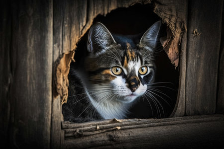 A cat hiding in a wooden hut illustration generative aiの素材