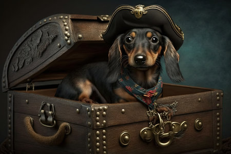A dachshund dog pirate in a treasure chest illustration generative aiの素材