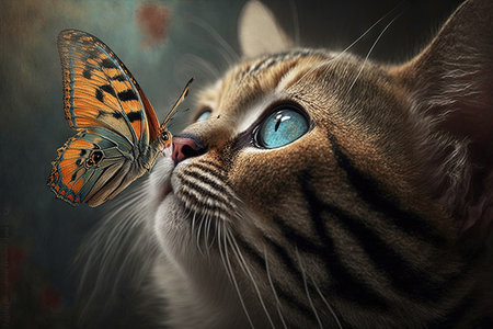 cat with giant butterfly on nose computer illustration generative aiの素材