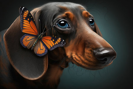 dachshund Dog with giant butterfly on nose illustration ai generated generative aiの素材
