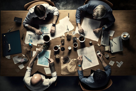 An office table four people working top view Office workers gather around a table to do research and implement new ideas illustration generative aiの素材