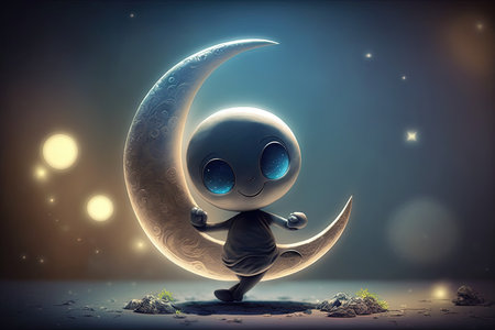 A cute moon stretching character illustration generative aiの素材