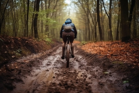 A view from the back of a man riding mountain bike in the woods illustration generative aiの素材