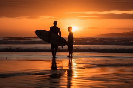 A silhouette of father and son surfers at sunset illustration generative aiの素材