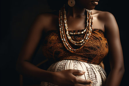detail close up of African pregnant woman holding belly with hands Pregnancy, maternity, preparation and expectation concept. illustration generative aiの素材