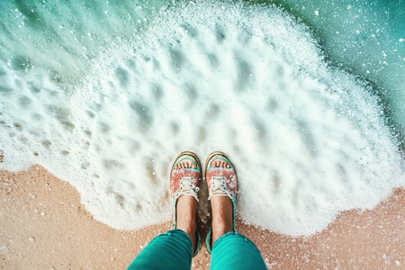 Detail of woman feet on sandy beach with sea foam illustration generative aiの素材