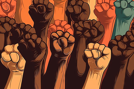 Many clenched fists in protest abstract illustration generative aiの素材