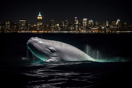 A White humpback whale breaching on Hudson River in front of New york city illuminated skyscrapers at night illustration generative aiの素材