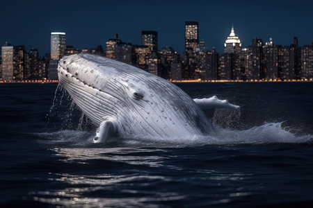 A White humpback whale breaching on Hudson River in front of New york city illuminated skyscrapers at night illustration generative aiの素材
