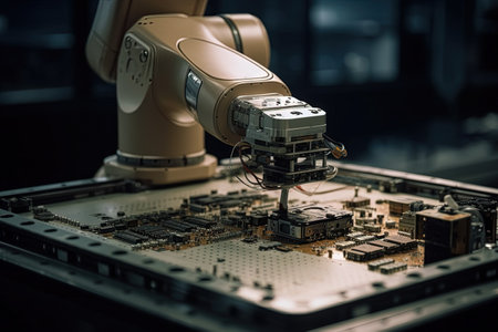 A future industrial chip cpu robotic high tech Super Computer Processor. Robotic Manipulator End Effector Holding CPU Chip illustration generative aiの素材