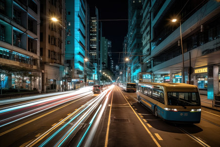 City lights trail in a futuristic downtown district of hong kong illustration generative aiの素材