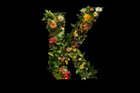 K alphabet letter made out of leaves plants flowers isolated on black background illustration generative aiの素材