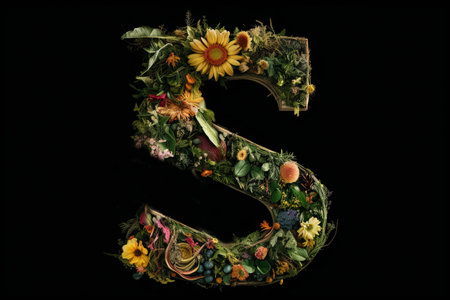S alphabet letter made out of leaves plants flowers isolated on black background illustration generative aiの素材