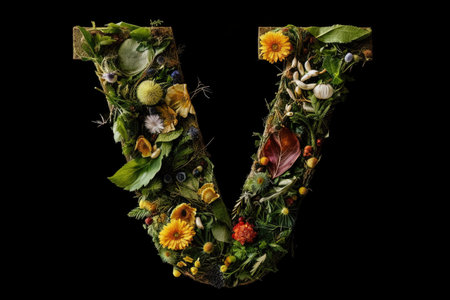 V alphabet letter made out of leaves plants flowers isolated on black background illustration generative aiの素材
