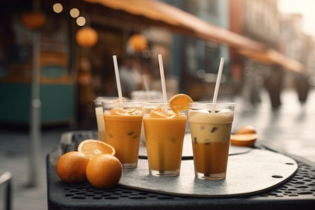A coffee and orange juice cocktail on street food table illustration generative aiの素材