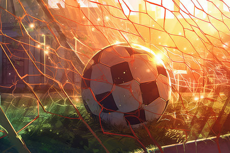 A soccer ball flew into the goal. Soccer ball bends the net, against the background of flashes of light. scoring a soccer goal illustration generative aiの素材