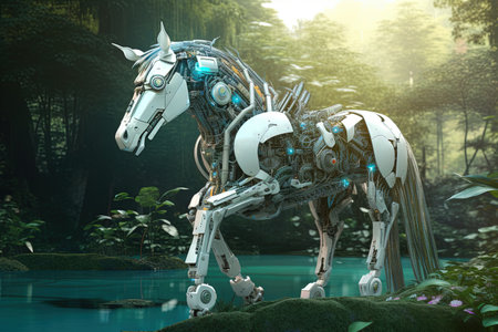 A Futuristic robotic unicorn in a cyberpunk setting illustration generative aiの素材
