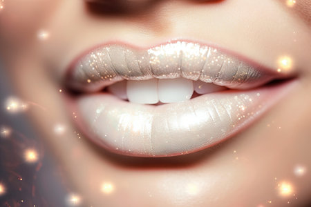 A Beautiful Woman smile glitter lips closeup withe teeth on abstract background with blurred lights illustration generative aiの素材