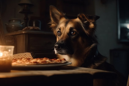A dog stealing the pizza from the table illustration generative aiの素材