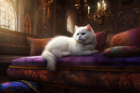 A white persian cat on a luxury apartment couch illustration generative aiの素材