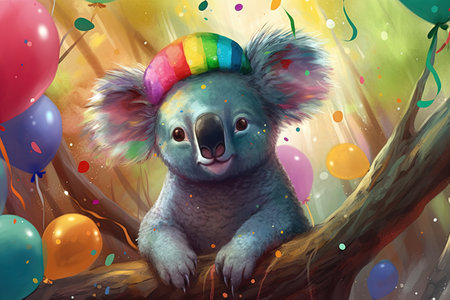 A Digital art painting of a Cute koala sitting on a tree on rainbow balloons and confetti background illustration generative aiの素材
