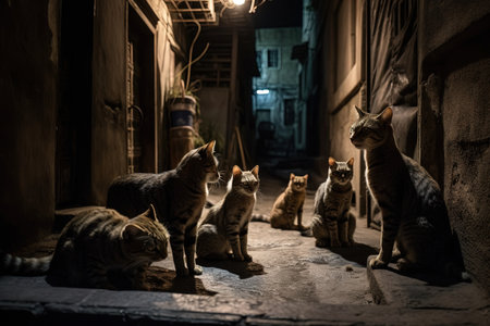 A group of stray cats on the streets at full moon night illustration generative aiの素材