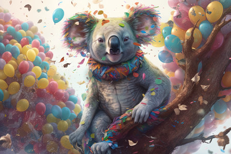 A Cute koala sitting on a tree on rainbow balloons and confetti background illustration generative aiの素材