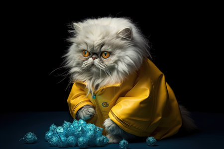 Portrait of a fluffy white Persian cat, dressed in a yellow hazmat suit and holding a small bag of blue crystals a Cat as Breaking bad series character illustration generative aiの素材