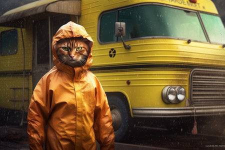 A Portrait of a ginger tabby cat, wearing a yellow hazmat suit and standing next to a small RV, Cat as Breaking bad series character illustration generative aiの素材
