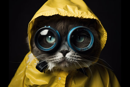 A black and white tuxedo cat, dressed in a yellow hazmat suit and wearing a pair of blue goggles over its eyes. Cat as Breaking bad character illustration generative aiの素材
