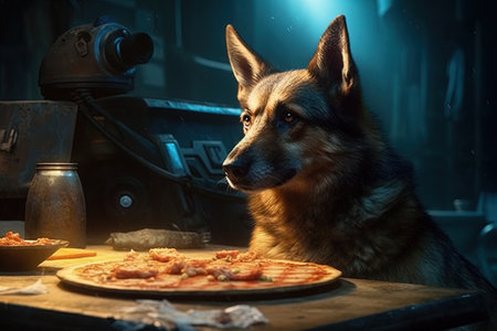 A dog stealing the pizza from the table illustration generative aiの素材
