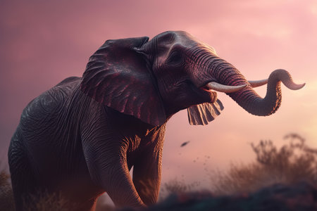 A Pink elephant on sunset background illustration generative aiの素材