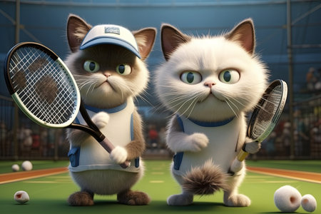 two cats playing tennis cartoon style illustration generative aiの素材