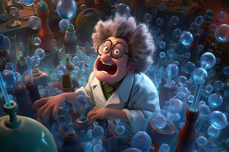 A Mad scientist, surrounded by bubbling beakers and whirring machines, with a look of manic glee on his face, cartoon style illustration generative aiの素材