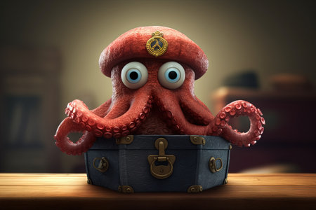 Cute Octopus, with its tentacles wrapped around a treasure chest and a pirate's hat perched on its head, ready to defend its loot, big eyes cartoon style illustration generative aiの素材