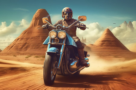 An Alien Egyptian pharaoh in his war chariot chopper car charging into battle, pyramids and desert background illustration generative aiの素材