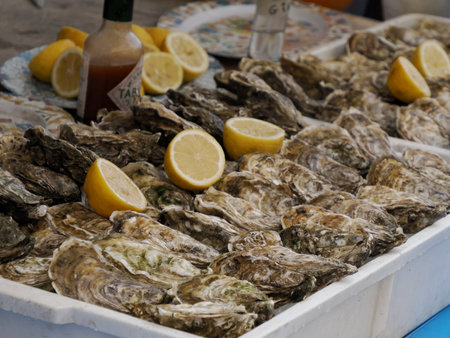 oyster Fish market detail in Ortigia old wown siracuse, Sicily, Italy