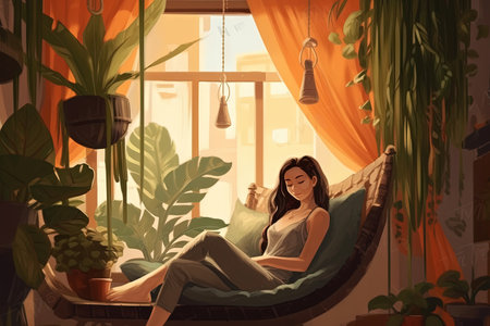 A Young woman sitting and relaxing on a retro chair in her living room at home illustration generative aiの素材