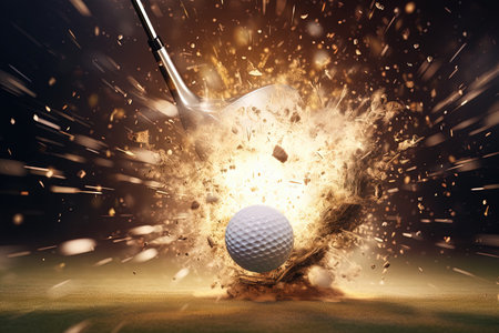 Close up detail of golf ball struck by the club, ball point of view, explosions of energy in the swing illustration generative aiの素材